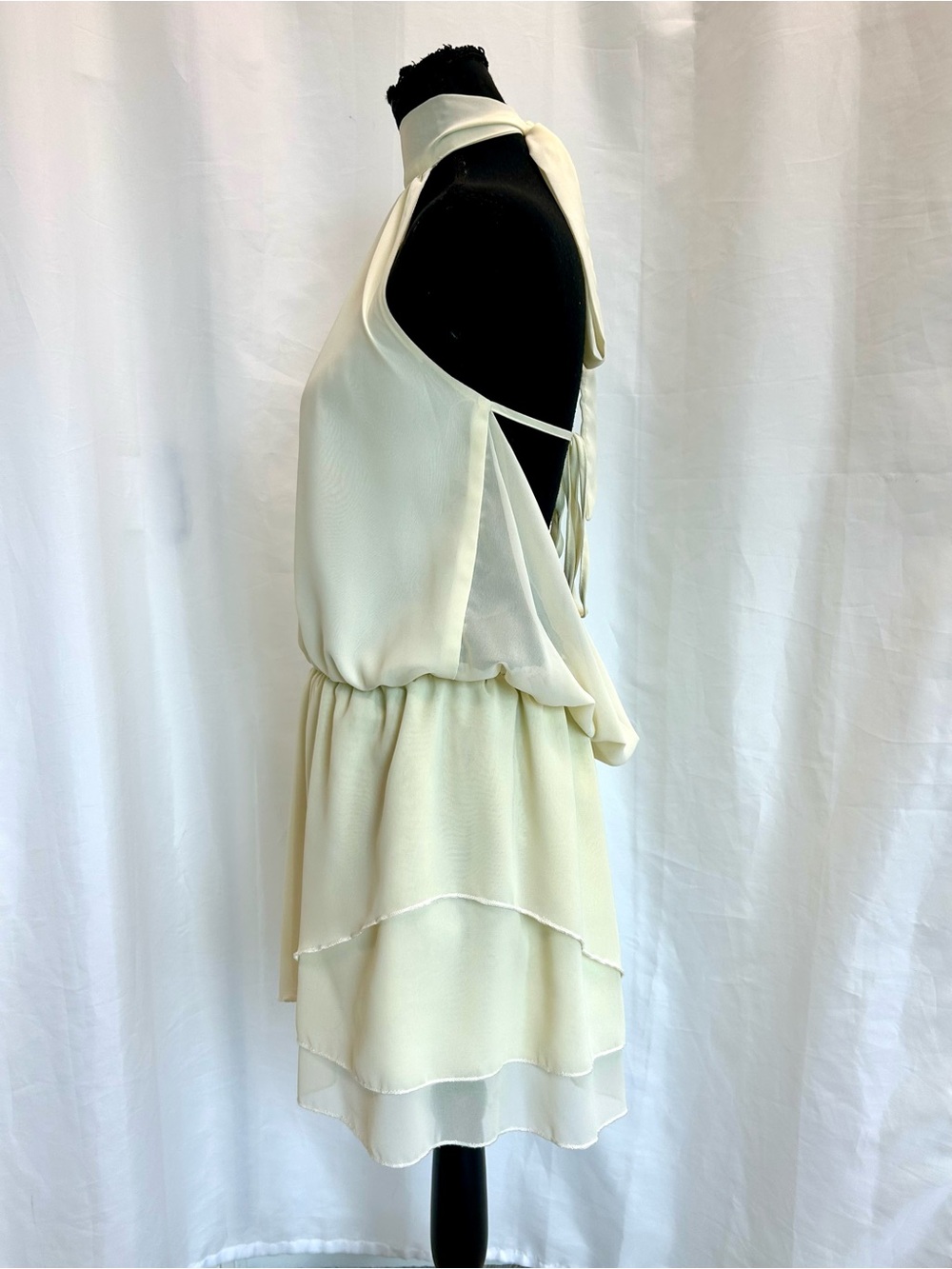 Ivory Halter Mini Dress Open Back Layered Chiffon Size Large - Picture 6 of 15
